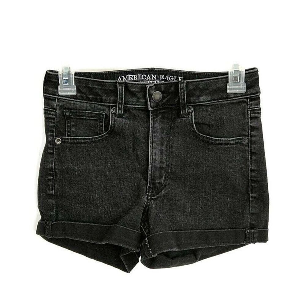 American Eagle Womens sz 2 Jean Shorts Super Hi Rise Shortie Black Denim